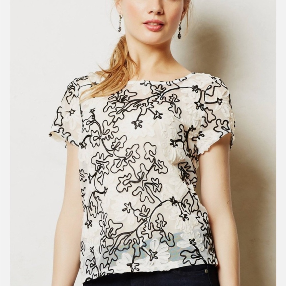 Anthropologie Meadow Rue Black and White Floral Sheer Blouse - Picture 5 of 6